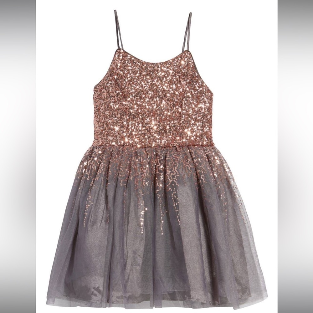 Franki by Francesca’s Rose Gold Sequin Grey Tulle Tutu Mini Dress